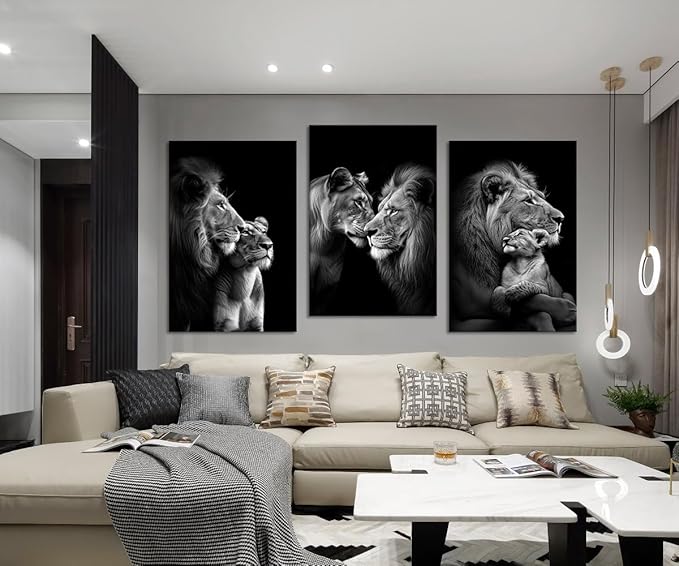 Black and White Lion Wall Art for Living Room Decor 3 Panels Wild Animals Pictures Wall Decor Modern Lion and Lioness Posters Prints Artwork, Framed 24" W x 36" H x 3pcs