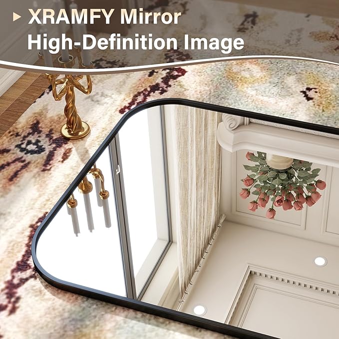 XRAMFY 40x86 Inch Floor Length Mirror with Stand, Full Length Standing Mirror for Bedroom, Full Body Tall Mirrors with Modern Aluminum Alloy Frame in Black, Home Decor