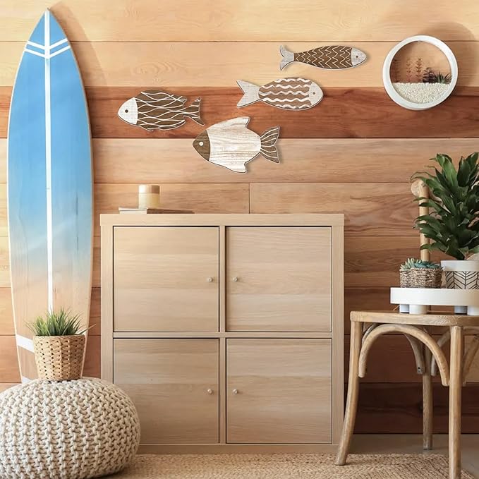 4 Pieces Wooden Fish Wall Decor Set, 12 Inch Coastal Wall Art for Bathroom, Beach House, Family Rooms - with Hooks & Adhesive Pads (Brown)