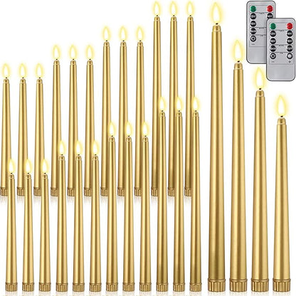 Rossesay 28 Pcs Flameless Taper Candles with Timer Remote 4 Sizes of 8.5", 9.6", 10.83", 12.8" LED Flickering Taper Candles Battery Operated for Valentine's Day Church Wedding Home Decor(Gold)