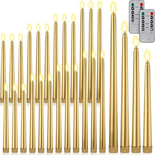 Rossesay 28 Pcs Flameless Taper Candles with Timer Remote 4 Sizes of 8.5", 9.6", 10.83", 12.8" LED Flickering Taper Candles Battery Operated for Valentine's Day Church Wedding Home Decor(Gold)