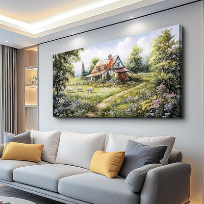 QIYILEXWART Canvas Wall Art For Living Room Large Wall Decor For Office Bedroom Decorations Grassland Pictures The Hut Paintings Modern Inspiration Artwork Room Ready To Hang
