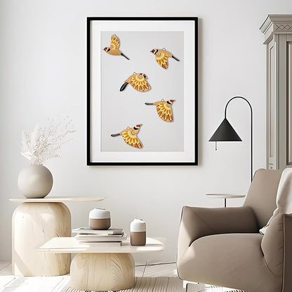 Vumyhuby 5 Pcs Yellow Wooden Bird Wall Art | Rustic Folk Art Wall Decor for Indoor Use | Handcrafted Wood Flying Birds Wall Hangings for Living Room, Bedroom, Kitchen, Office | Scandinavian Home Decor Gift
