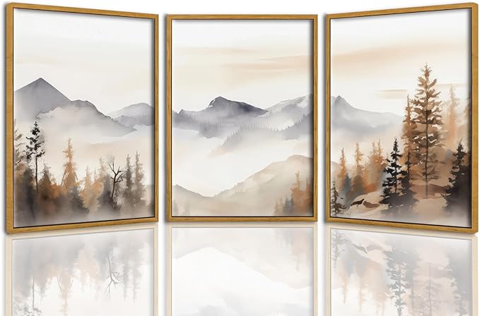TBKHUDBI Framed Neutral Mountain Wall Art Forest Landscape Canvas Painting Prints Set of 3 Abstract Nature Watercolor Picture Wall Decor for Living Room Bedroom Bathroom Office 16"x24"in