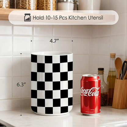 Checkered Utensil Holder,Ceramic Spatula Holder,Countertop Ceramic Utensil Holder,Large Cooking Utensil Crocks for Kitchen Counter Decor, Vase for Kitchen Utensils, H6.3 xD4.7(Black or white)