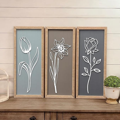 3D Wooden Floral Framed Wall Decor of 4, 7"X16" Farmhouse Vintage Boho Minimalist Flower Wall Art for Living Room, Rustic Retro Moody Vertical Tulip Rose Daisy Daffodil Botanical Wall Sculptures