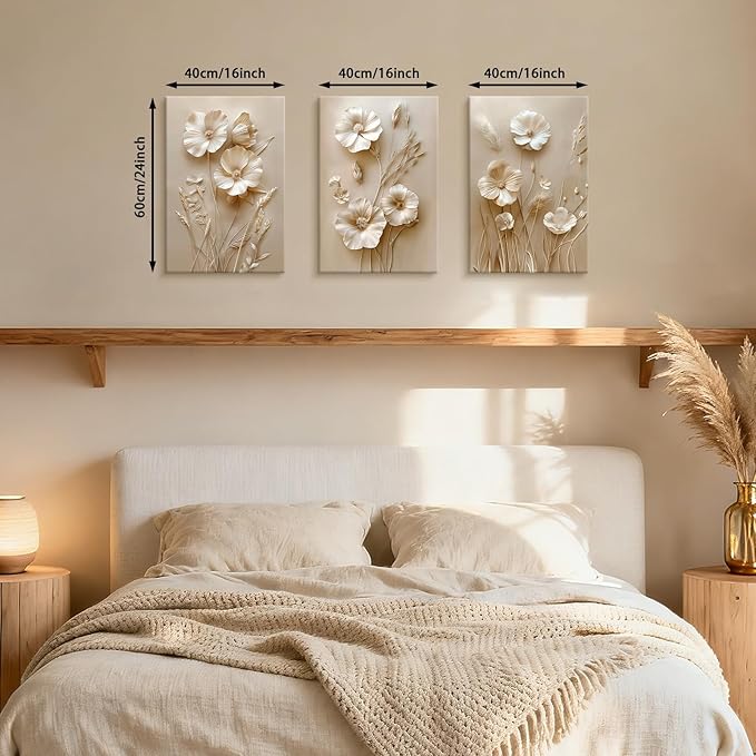 WENGTIAO 3Pcs Beige Flower Canvas Wall Art Prints Neutral Floral Plant Wall Painting Minimalist Botanical Blossom Poster Picture Vintage Artwork Home Decor for Living Room Bedroom Office 16”x24”x3Pcs