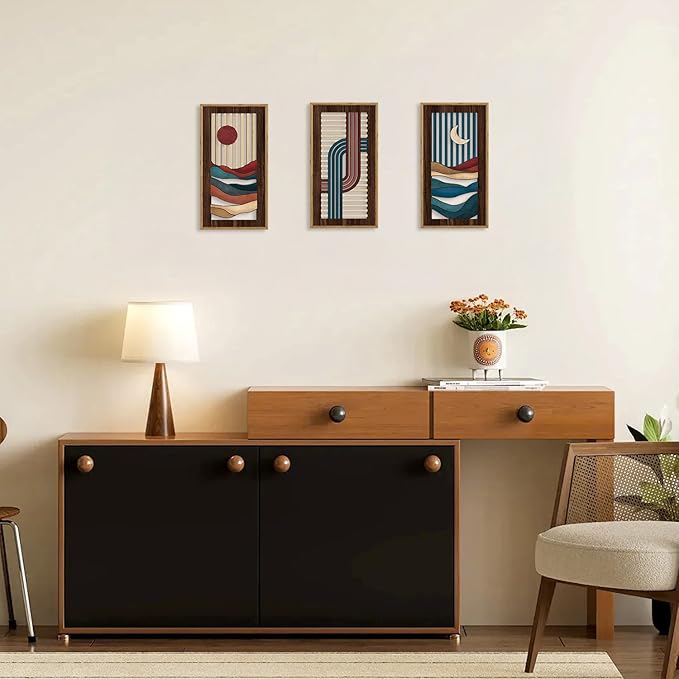 HPNIUB 3PCS Boho Abstract Wood Wall Art, Modern Geometric Artwork Bohemian Sun and Moon Wall Decor, Rustic Minimalist Line Mid-century Hanging Decor for Living Room Bedroom Apartment(8x16Inch)