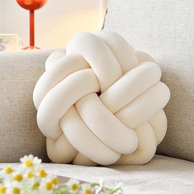 Knot Ball Pillow, Round Decorative Throw Pillows Cushion, 8 Inch Beige Soft Plush Knotted Pillows Pillow, Modern Home Throw Knot Decorative Cushion