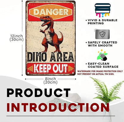 Dinosaur Vintage Tin Sign Danger Dinosaur Area Keep Out Funny Sign for Boys Room 8x12inch