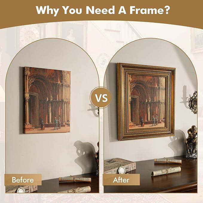 Antique Frame for 8x10 Canvas Paintings, No Front & Back, 2.4" Wide Vintage Picture Frames For Baroque Victorian Wall Art Prints Class Artwork Designer, Home Office Gallery Decor (Gold)