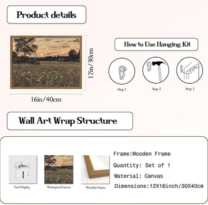 Vintage Farmhouse Wall Art, Rustic Floral Wall Decor Paintings, Twilight Firefly Artwork Painting Field Nature Landscape Canvas Prints for Bedroom Living Room 12x16 inch Wood Framed