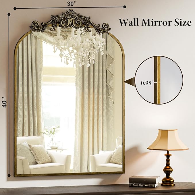 Koonmi Vintage Mirror, 30x40 Antique Decorative Mirrors with Flower Head, Bronze Ornate Mirror for Wall, Tempered Glass, Baroque Mirrors for Bathroom Living Room Fireplace Entryway