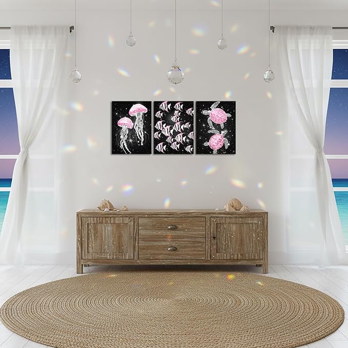 sechars Ocean Sea Life Wall Art Jellyfish Tropical Fish and Sea Turtles Pictures Modern Bathroom Nautical Decor (Pink)