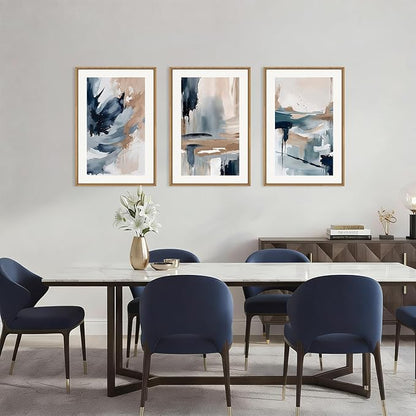 Aryroi Abstract Navy Blue Framed Canvas Wall Art Set,Neutral Brush Stroke Wall Decor,Watercolor Pastel Brown Artwork,Modern Minimalist Color Block Art Print For Living Room,Bedroom,Office-16 x24 x3