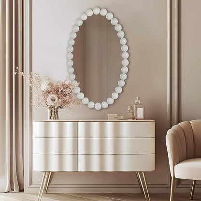 Oval Round Wall Mirror - 30 Inch Decorative Framed Bathroom/Living Room Accent Mirror with Beaded Ball Trim - Vintage Modern Style White Mirror