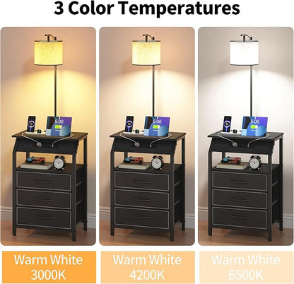 End Table with Floor Lamp Set of 2, Nightstand with Charging Station, Floor Lamp Table with 3-Color Temperature Bulb, Bedside Table Night Stand with 3 Drawers for Bedroom, Living Room, Black