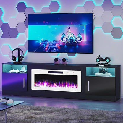 TAVATA 80" Fireplace TV Stand, Modern LED Light Entertainment Center with Storage and 36" Fireplace, Media TV Console for TVs Up to 90", Fire Place TV Stands for Living Room, Black+White