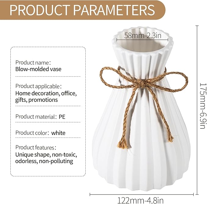 Unbreakable Vase for Flowers, Ceramic Look Plastic Vase for Home Decor, Living Room, Table (White)