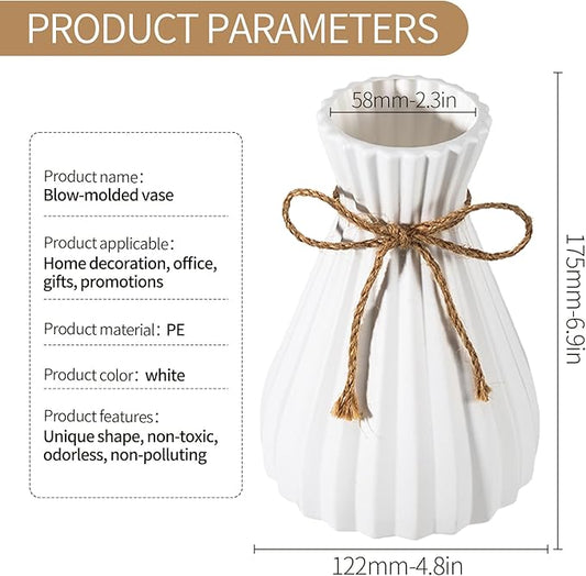Unbreakable Vase for Flowers, Ceramic Look Plastic Vase for Home Decor, Living Room, Table (White)