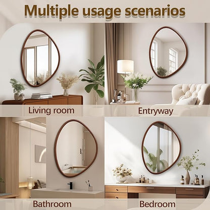 Irregular Wall Mirror, 31.5"x23.5" Wood Farmhouse Asymmetrical Mirror, Wall Mounted Bathroom Mirrors for Bedroom, Entryway, Living Room, Bathroom, Walnut