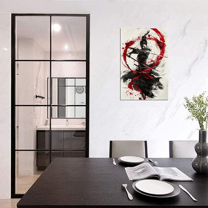 Japanese Female Samurai Wall Art Woman Fight Painting Canvas Prints Red Warrior Pictures Bushido Poster for Bedroom Classroom Dorm Living Room Aesthetic Decor Framed (24''W x 36''H)