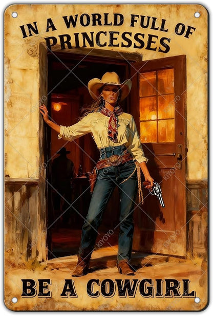 In A World Full of Princesses Be A Cowgirl Vintage Metal Sign Cowboy Sign Retro Metal Plaque for Home Bar Garage Coffee Shop Wall Decoration 12x8 Inch