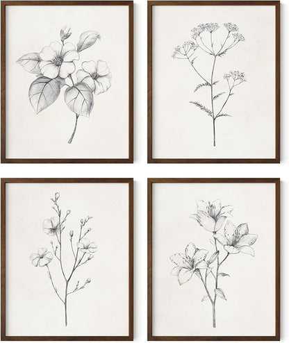HAUS AND HUES Grey Floral Wall Art - Set of 4 Plant Posters for Wall Vintage, Botanical Prints, Black and White Flower Pictures for Room Aesthetic, Farmhouse Bathroom, Rustic Art (Walnut Frame, 8x10)