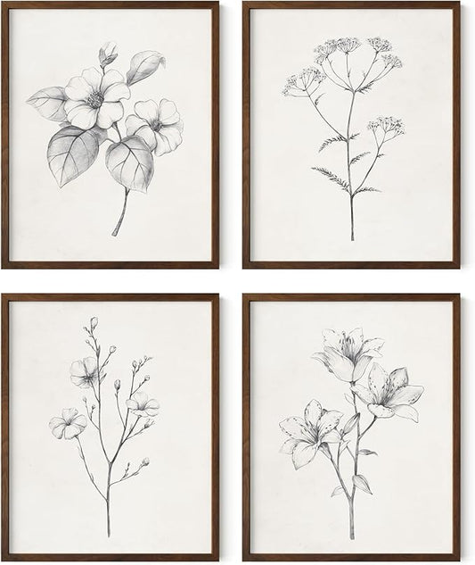 HAUS AND HUES Grey Floral Wall Art - Set of 4 Plant Posters for Wall Vintage, Botanical Prints, Black and White Flower Pictures for Room Aesthetic, Farmhouse Bathroom, Rustic Art (Walnut Frame, 8x10)