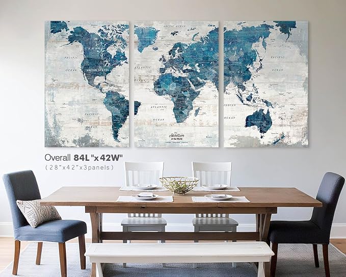 Canvas Wall Art Office Paintings Giant Modern Abstract World Maps for Wall Travel Map with Pins Blue Paintings for Living Room Bedroom Dining Room Wall Decoration