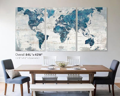 Canvas Wall Art Office Paintings Giant Modern Abstract World Maps for Wall Travel Map with Pins Blue Paintings for Living Room Bedroom Dining Room Wall Decoration