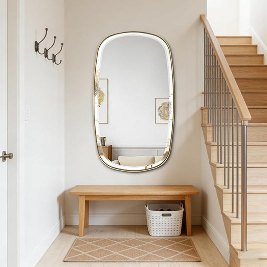 POZINO Brushed Gold Beveled Mirror, 24"x40" Modern Rectangle Mirrors with Stainless Steel Frame, Brass Oblong Vanity Wall Mirror for Bathroom Living Room Entryway, Hangs Vertically or Horizontally