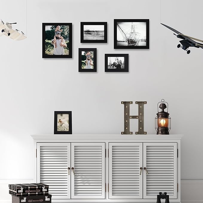 iRahmen 5x7 Picture Frame Set of 2 with HD Glass, Black Wood Photo Frames Display 4x6 Picture with Mat or 5 x 7 Without Mat for Horizontal or Vertical Tabletop and Wall Mounting