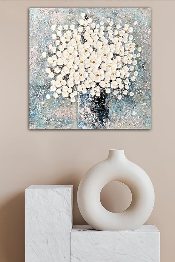 Waowumar Flowers Canvas Wall Art Blue and White Blossom Pictures Contemporary Palette Knife Floral Textured Painting for Bedroom Living Room Decor