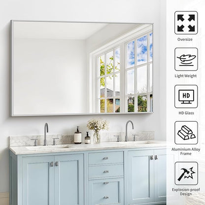 COFENY 40x60inch Silver Bathroom Mirror, Silver Rectangle Mirror with Frame, Large Rectangular Wall Mirrors for Bathroom, Living Room, Hair Salon, Big Farmhouse Mirror Hang Horizontal/Vertical