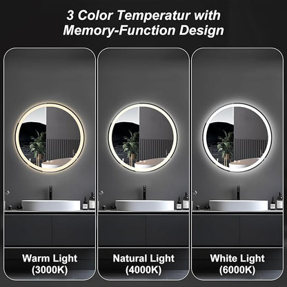 DUMOS 30 Inch Round LED Bathroom Mirror with Lights, Circle Vanity Mirror with Anti-Fog, Dimmable, 3-Color Light, Front Light and Backlit, Memory Function, Tempered Glass