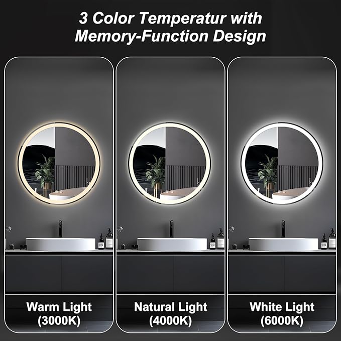 DUMOS 30 Inch Round LED Bathroom Mirror with Lights, Circle Vanity Mirror with Anti-Fog, Dimmable, 3-Color Light, Front Light and Backlit, Memory Function, Tempered Glass