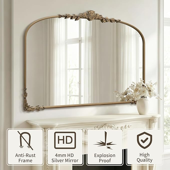 Besdomus Large Gold Wall Mirror: 48"x33" Baroque Vintage Fireplace Arched Mirror - Traditional Ornate Antique for Bedroom/Entryway/Bathroom/Vanity/Living Room - Ideal for Fashion-Conscious