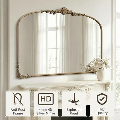 Besdomus Large Gold Wall Mirror: 48"x33" Baroque Vintage Fireplace Arched Mirror - Traditional Ornate Antique for Bedroom/Entryway/Bathroom/Vanity/Living Room - Ideal for Fashion-Conscious