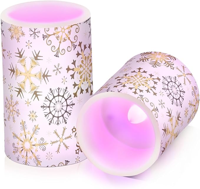 Christmas Lights Decorations Flameless Candles Golden Snowflake White Pillar Candles Set of 2 Battery Operated Remote Control Warm Lights