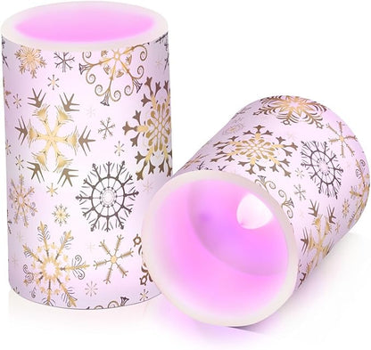 Christmas Lights Decorations Flameless Candles Golden Snowflake White Pillar Candles Set of 2 Battery Operated Remote Control Warm Lights