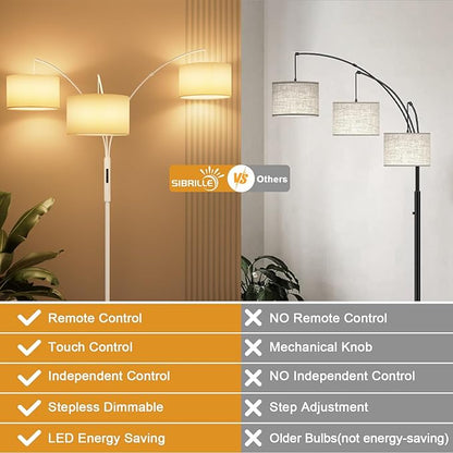 SIBRILLE 36W Dimmable Floor Lamp - 3 Lights Arc Floor Lamps Standing Lamp with Remote & Touch Control, Tall Lamp for Living Room Corner, Bedroom, Office