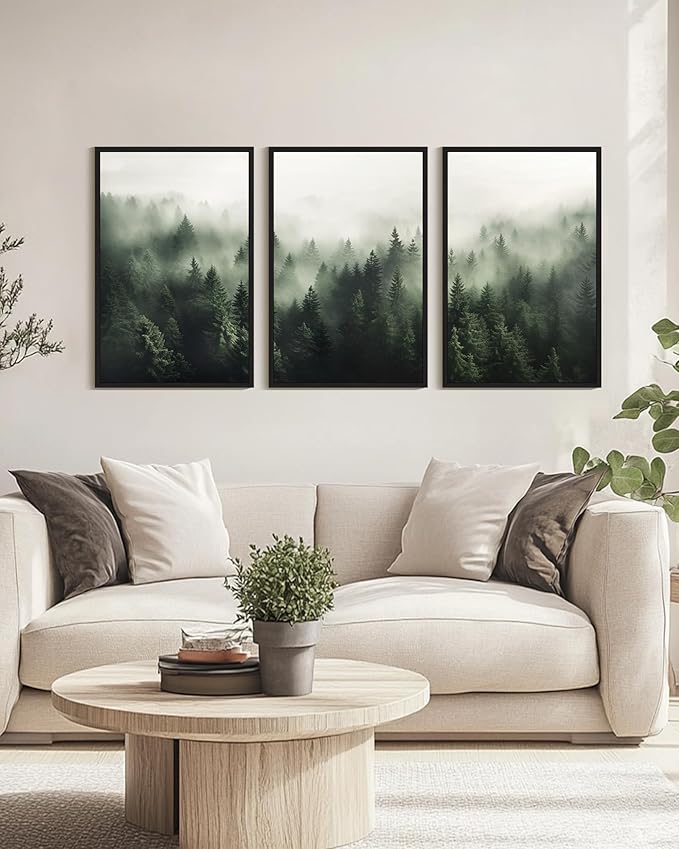 PHOPAGO Green Fog Pine Tree Framed Wall Art Huge 24x36in Nature Misty Nordic Forests Artwork Morden Paints for Living Room Bedroom Decor - Black Framed
