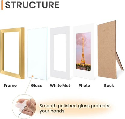 upsimples 8.5x11 Picture Frame Set of 3, Made of High Definition Glass for 6x8 with Mat or 8.5x11 Without Mat, Wall Mounting Photo Frames, Gold