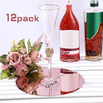 Thyle 12 Pcs 12 Inch Acrylic Round Mirror for Table Centerpieces Circle Mirror Candle Plates for Wall Wedding Table Centerpieces for Christmas Party Decor, Thickness 1 mm (Rose Gold)