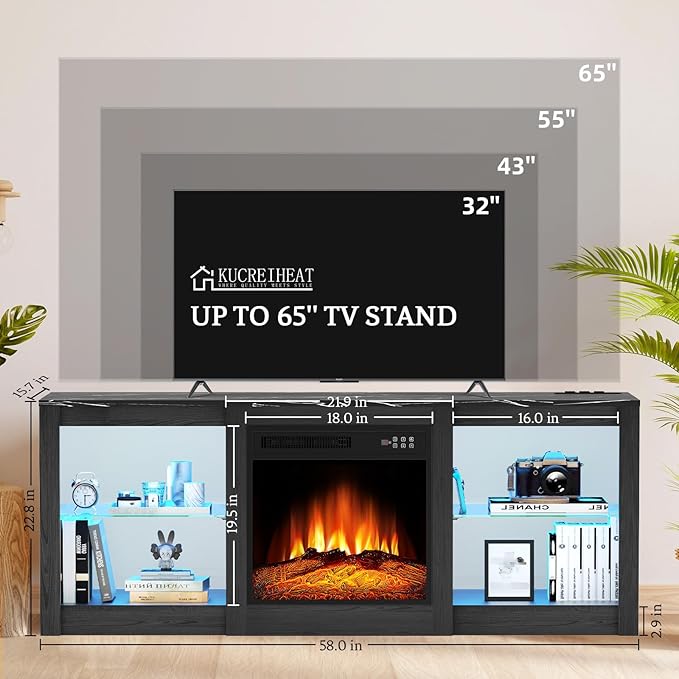 Kucreiheat 58 inch TV Stand with Fireplace-Entertainment Center with LED & Outlet for 65 inch TV-Black Media Console with Adjustable Glass Shelves, Modern TV Cabinet for Living Room/Bedroom