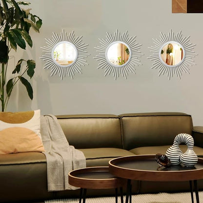 3 Set Sunburst Mirrors for Wall Decor Living Room Bedroom Bathroom Dining Room Metal Boho Sunburst Wall Mirror Set Gold Metal Vintage Circle Art Pack - Silver 11.8 in