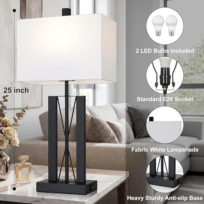 Lolikit 25" Table Lamps for Living Room Set of 2, Modern Table Lamp with 2 USB Charging Ports, Nightstand Geometric Bedside Lamp with White Shade for Bedroom End Table Desk Office(2 LED Bulb Included)