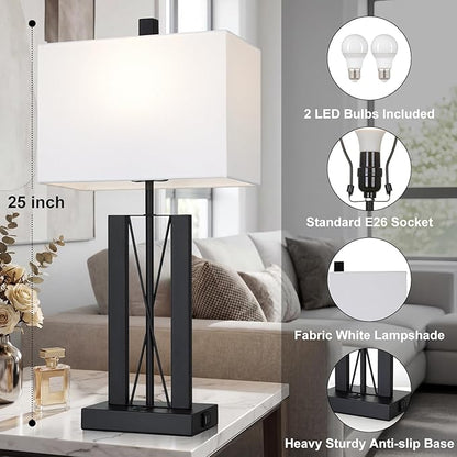 Lolikit 25" Table Lamps for Living Room Set of 2, Modern Table Lamp with 2 USB Charging Ports, Nightstand Geometric Bedside Lamp with White Shade for Bedroom End Table Desk Office(2 LED Bulb Included)