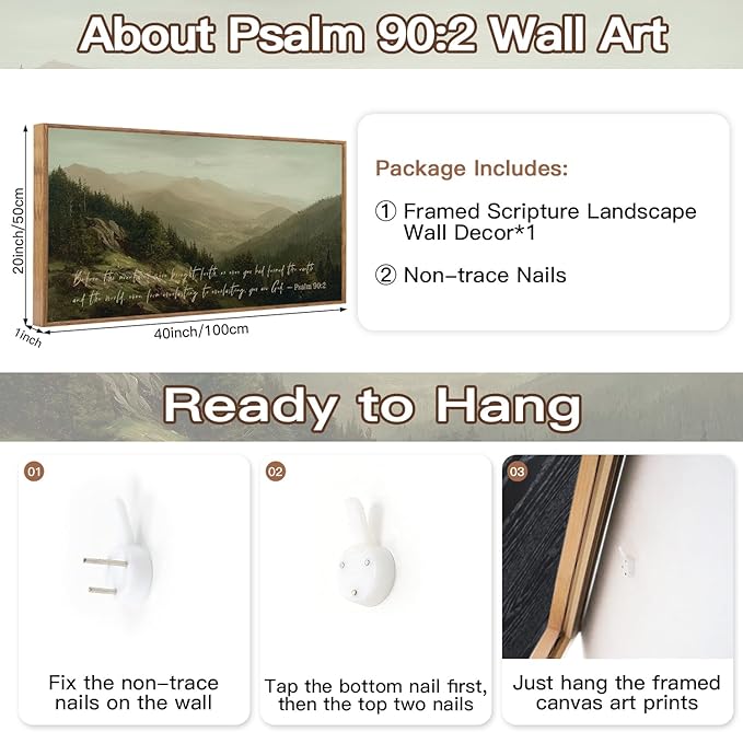 CHDITB Bible Verses Quotes Scripture Psalm 90:2 Wall Art Framed, Neutral Boho Farmhouse Christian Mountain Landscape Canvas Artwork, Large Vintage Religious Biblical Nature Smoky Forest Painting Decor for Living Room Office (40"L x 20"W)